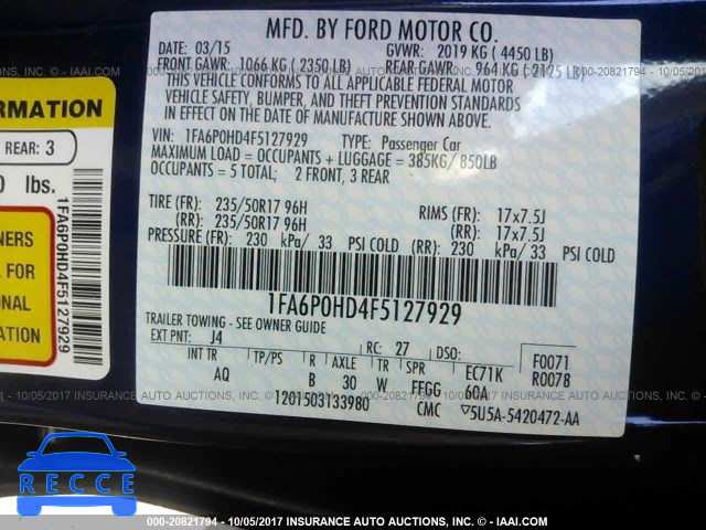 2015 Ford Fusion 1FA6P0HD4F5127929 зображення 8