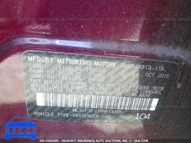 2017 MITSUBISHI MIRAGE G4 ES ML32F3FJ1HHF14595 image 8