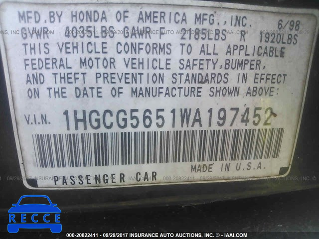 1998 Honda Accord 1HGCG5651WA197452 image 8