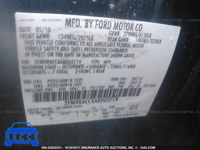 2010 Ford Flex SEL 2FMHK6CCXABD02719 зображення 8