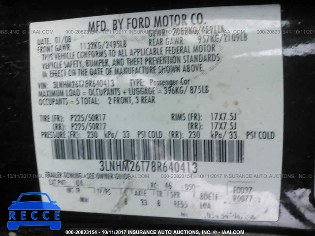 2008 Lincoln MKZ 3LNHM26T78R640413 image 8