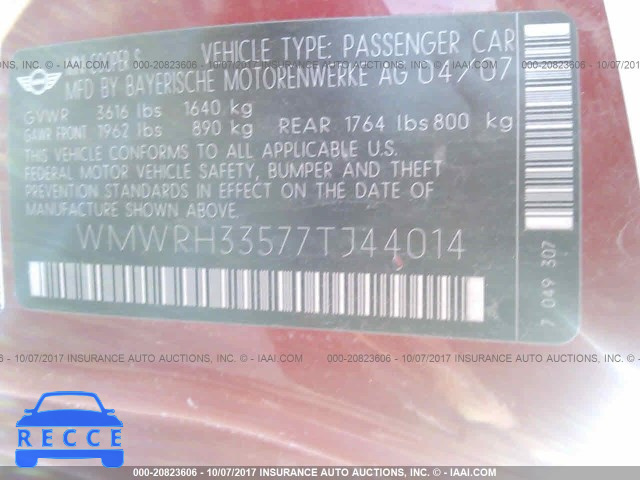2007 Mini Cooper S WMWRH33577TJ44014 image 8