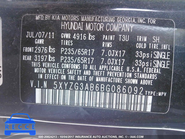 2011 Hyundai Santa Fe GLS 5XYZG3AB6BG086092 image 8