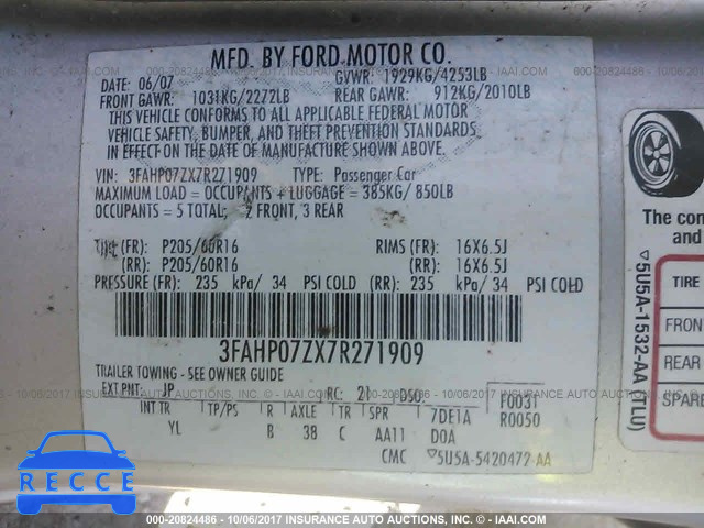 2007 FORD FUSION 3FAHP07ZX7R271909 image 8