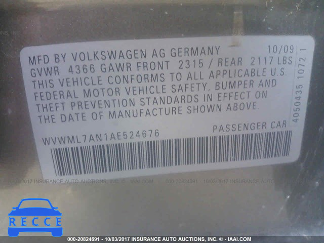 2010 Volkswagen CC WVWML7AN1AE524676 зображення 8