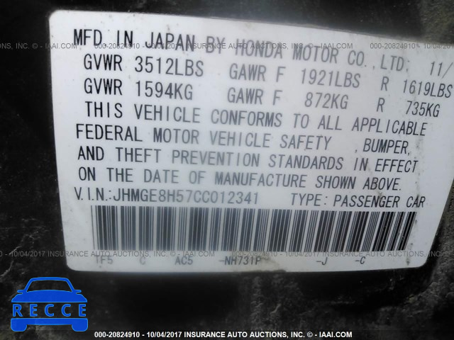 2012 Honda FIT SPORT JHMGE8H57CC012341 image 8