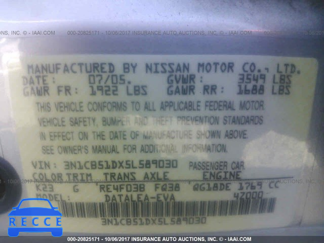 2005 Nissan Sentra 3N1CB51DX5L589030 image 8