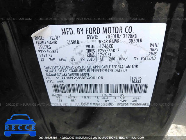 2008 Ford F150 1FTPW12V88FA99106 зображення 8