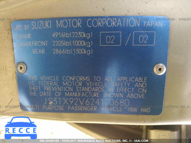 2002 Suzuki XL7 JS3TX92V624120680 image 8