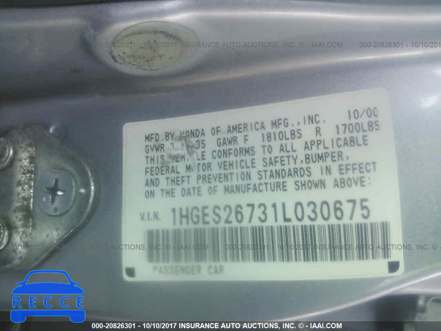 2001 HONDA CIVIC EX 1HGES26731L030675 зображення 8