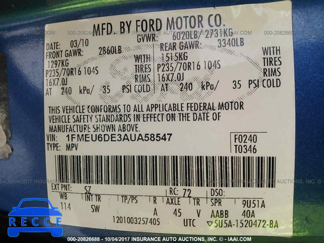 2010 Ford Explorer XLT 1FMEU6DE3AUA58547 Bild 8