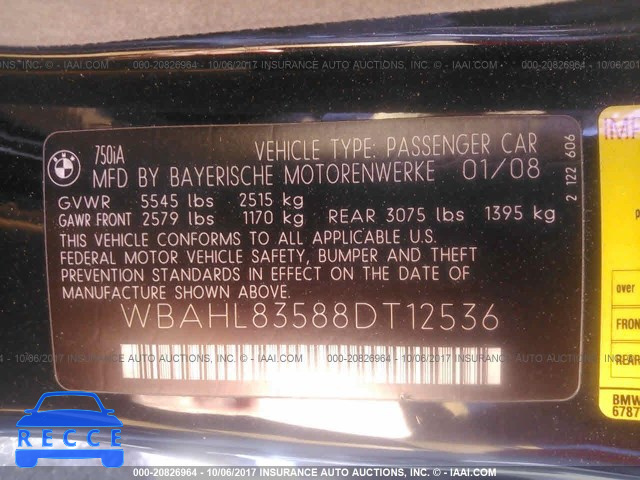 2008 BMW 750 WBAHL83588DT12536 зображення 8