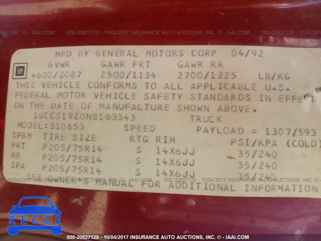 1992 Chevrolet S Truck S10 1GCCS19Z0N8183343 зображення 8