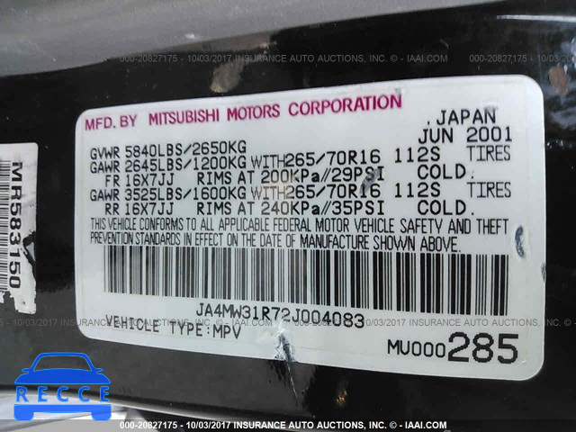 2002 Mitsubishi Montero JA4MW31R72J004083 Bild 8