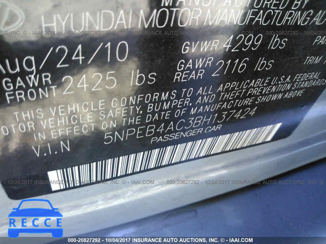 2011 Hyundai Sonata 5NPEB4AC3BH137424 Bild 8