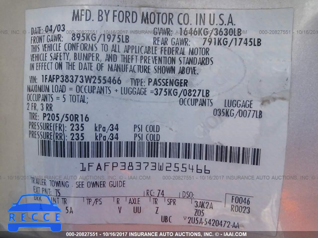 2003 Ford Focus 1FAFP38373W255466 зображення 8