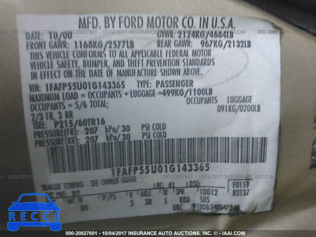 2001 FORD TAURUS 1FAFP55U01G143365 image 8