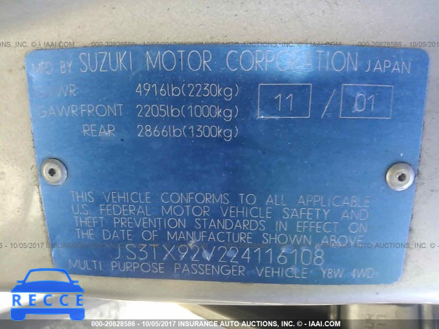 2002 Suzuki XL7 PLUS/TOURING/LIMITED/STD JS3TX92V224116108 зображення 8