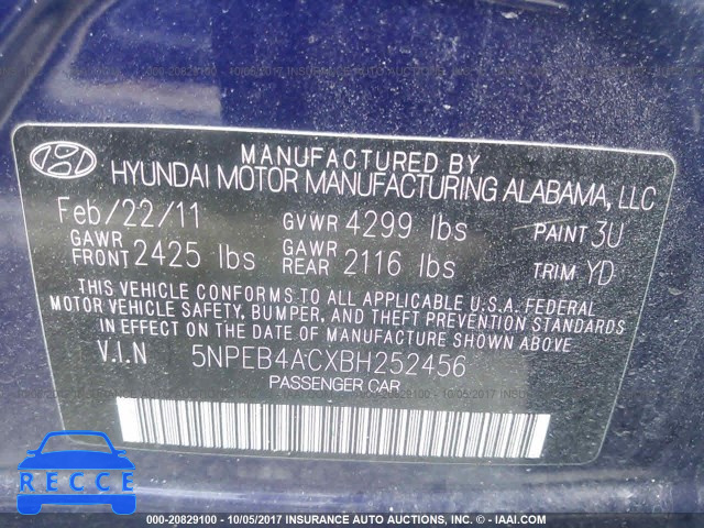 2011 Hyundai Sonata 5NPEB4ACXBH252456 зображення 8