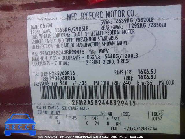 2004 Ford Freestar LIMITED 2FMZA58244BB29415 image 8