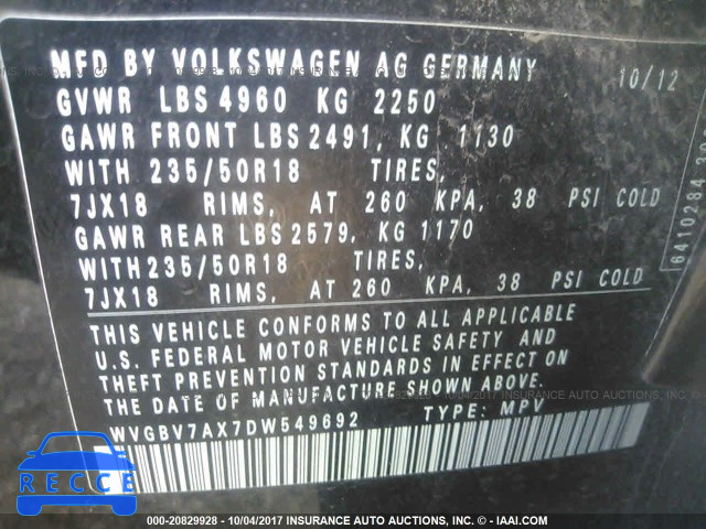 2013 Volkswagen Tiguan S/SE/SEL WVGBV7AX7DW549692 Bild 8
