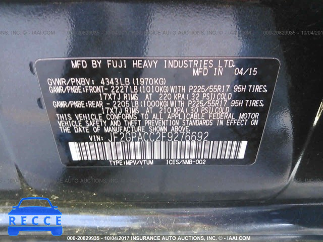 2015 Subaru Xv Crosstrek 2.0 PREMIUM JF2GPACC2F9276692 image 8