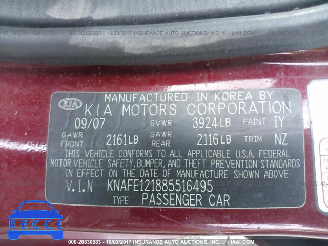 2008 KIA Spectra KNAFE121885516495 image 8