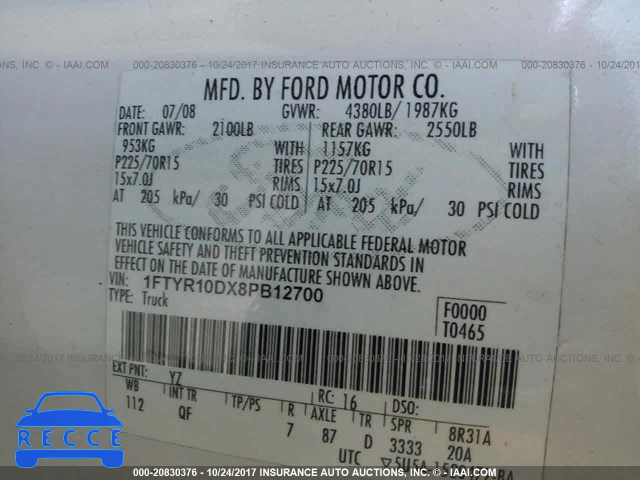 2008 Ford Ranger 1FTYR10DX8PB12700 зображення 8