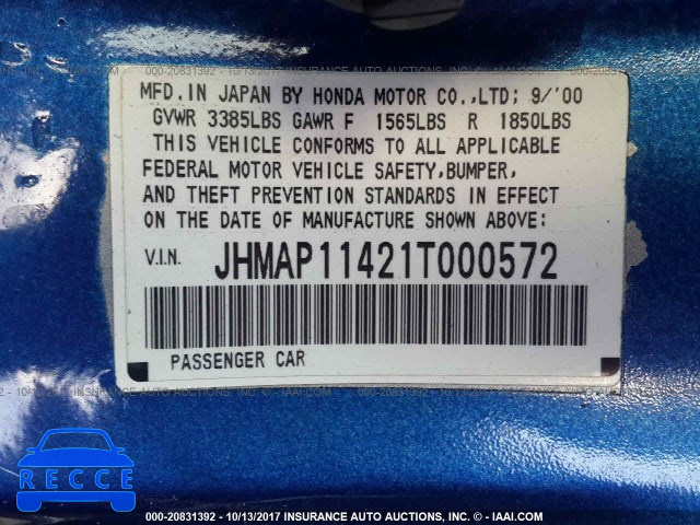 2001 Honda S2000 JHMAP11421T000572 image 8