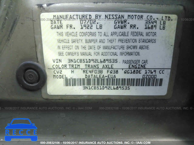 2002 Nissan Sentra XE/GXE 3N1CB51D92L689535 зображення 8