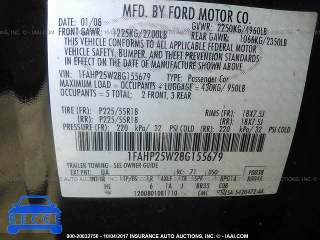 2008 Ford Taurus 1FAHP25W28G155679 image 8