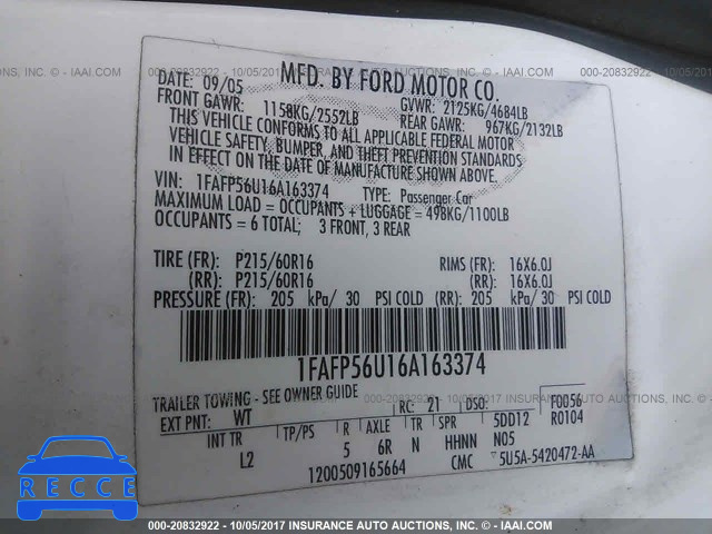 2006 Ford Taurus SEL 1FAFP56U16A163374 зображення 8