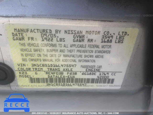 2006 Nissan Sentra 3N1CB51D16L475547 image 8