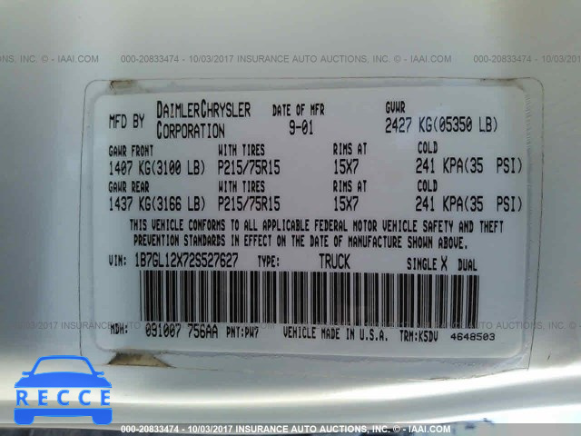 2002 Dodge Dakota SXT 1B7GL12X72S527627 image 8