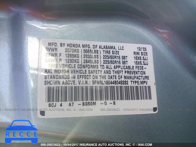 2004 Honda Odyssey 5FNRL18044B049282 image 8