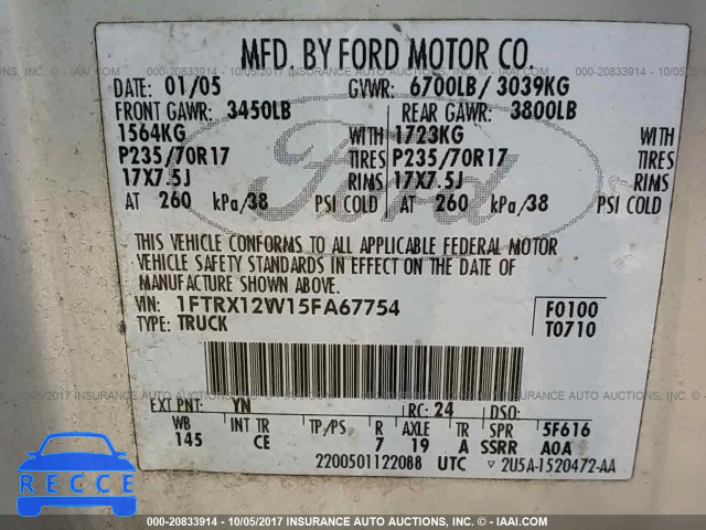 2005 Ford F150 1FTRX12W15FA67754 image 8