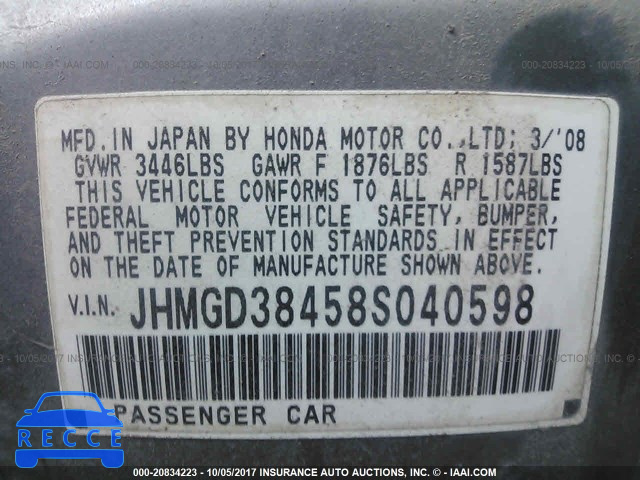 2008 Honda FIT JHMGD38458S040598 image 8