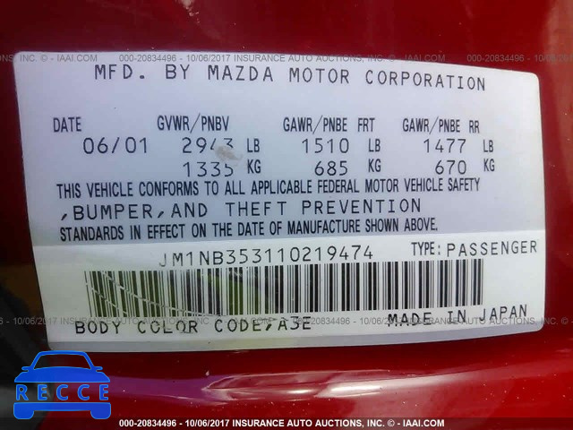 2001 Mazda MX-5 Miata JM1NB353110219474 зображення 8