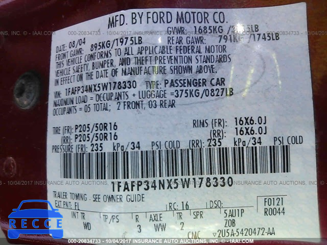 2005 Ford Focus 1FAFP34NX5W178330 зображення 8