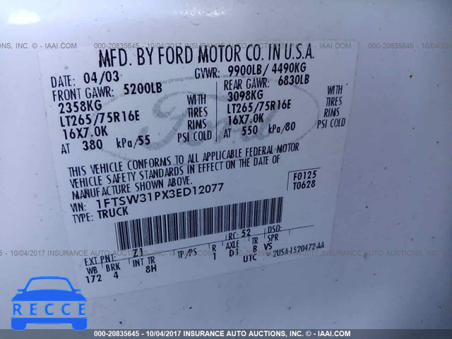 2003 Ford F350 1FTSW31PX3ED12077 image 8