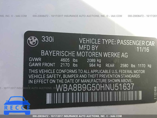 2017 BMW 330 I WBA8B9G50HNU51637 зображення 8