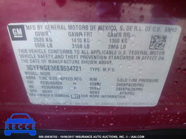 2014 Cadillac SRX PREMIUM COLLECTION 3GYFNGE36ES534721 зображення 8