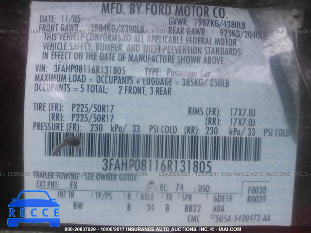 2006 Ford Fusion 3FAHP08116R131805 image 8