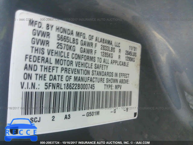 2002 HONDA ODYSSEY 5FNRL18622B000745 image 8