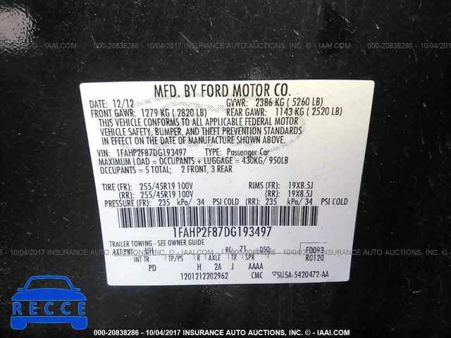 2013 Ford Taurus LIMITED 1FAHP2F87DG193497 зображення 8