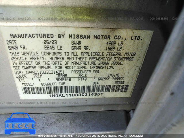2003 Nissan Altima 1N4AL11D33C314351 image 8