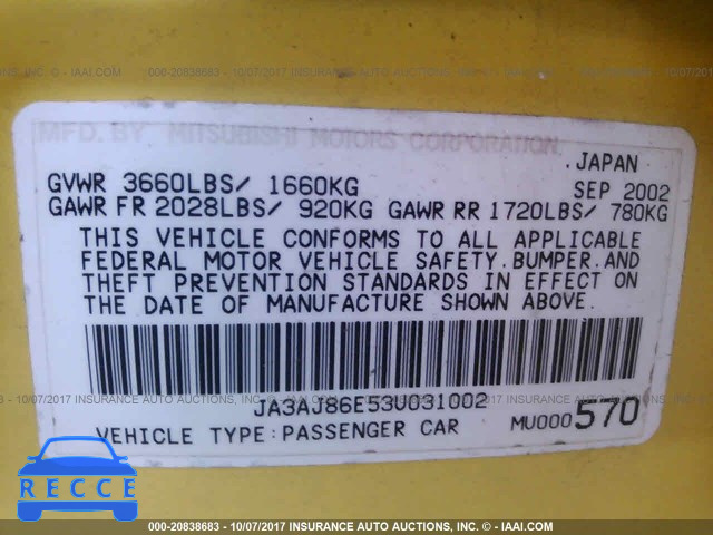 2003 Mitsubishi Lancer JA3AJ86E53U031002 image 8