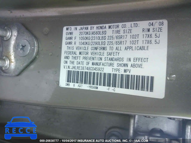 2008 Honda CR-V JHLRE38748C045922 image 8