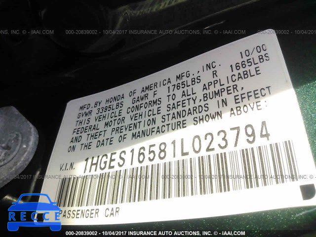 2001 HONDA CIVIC 1HGES16581L023794 image 8