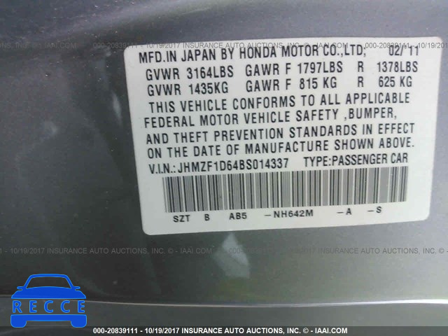2011 Honda CR-Z EX JHMZF1D64BS014337 image 8